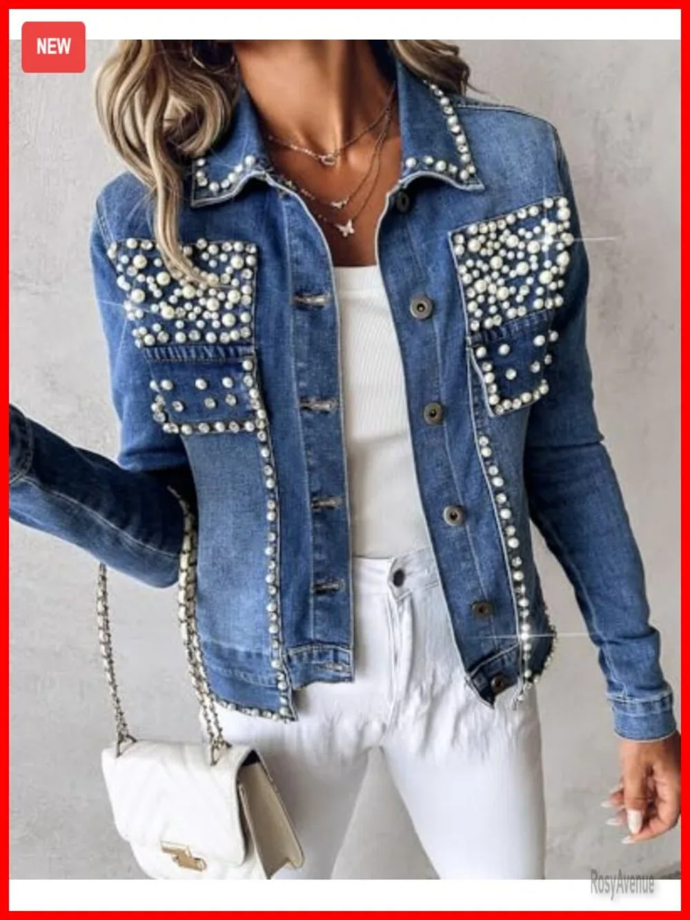 Pearls Denim Jacket Cropped Rhinestones Jean Blazer Coat